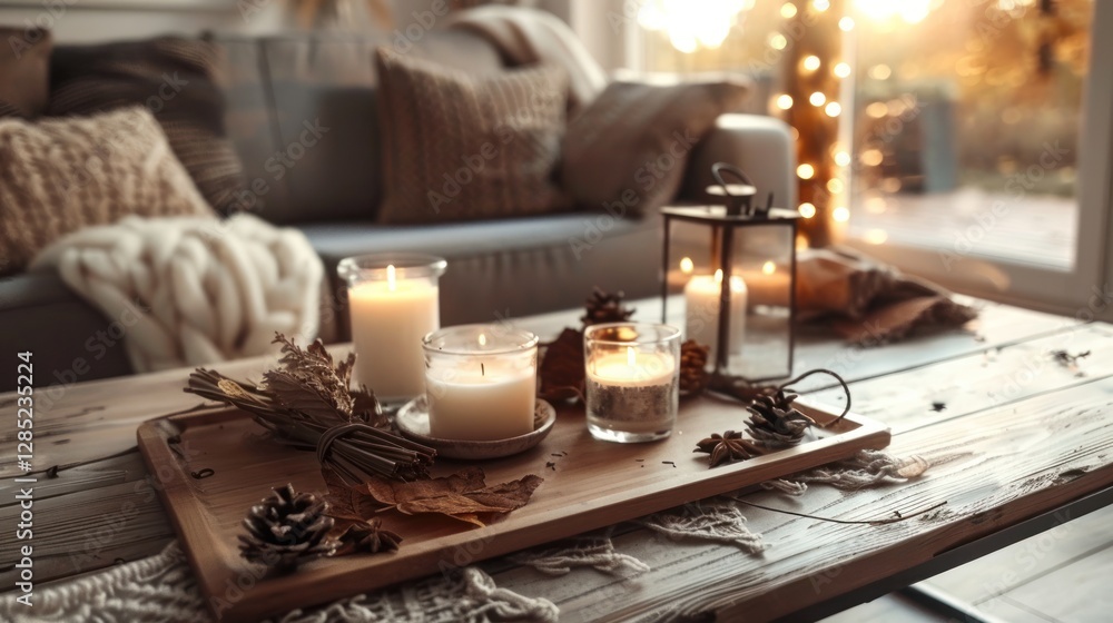 Table with candles and wooden tray in rustic decor with warm soft lighting Table with candles and wooden tray in rustic decor with warm soft lighting