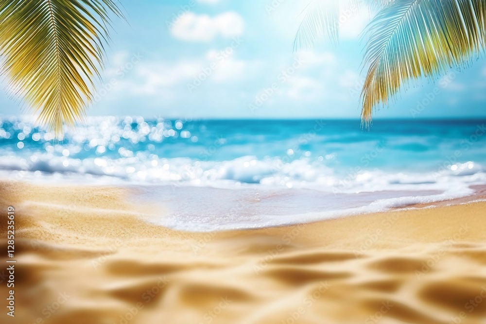 sandy beach with palm leaves and blue waves blurred background; summer vacation in the natural beauty of a tropical paradise sandy beach with palm leaves and blue waves blurred background; summer vacation in the natural beauty of a tropical paradise