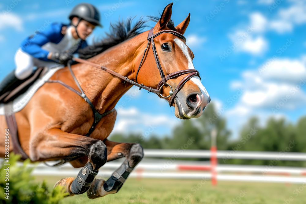 Fototapeta premium Equestrian jumping horse competition, sunny day