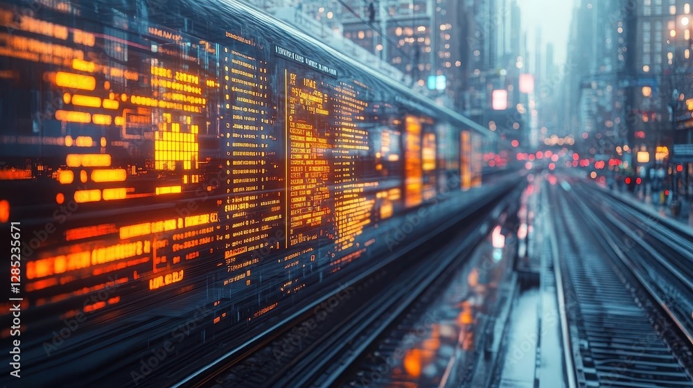 Fototapeta premium Train station with glowing AR schedules and navigation, bustling urban backdrop, soft natural lighting, photorealistic