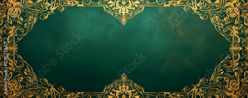 Ornate gold floral border surrounds a dark teal background