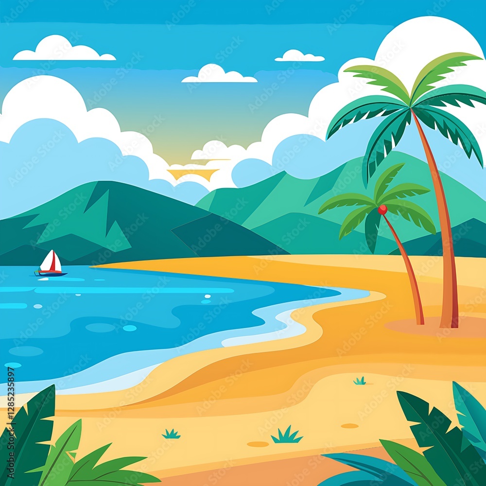 tropical beach with palm trees and sea, paining of a beach tropical beach with palm trees and sea, paining of a beach