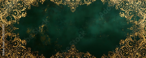 Ornate golden floral patterns frame an emerald green backdrop