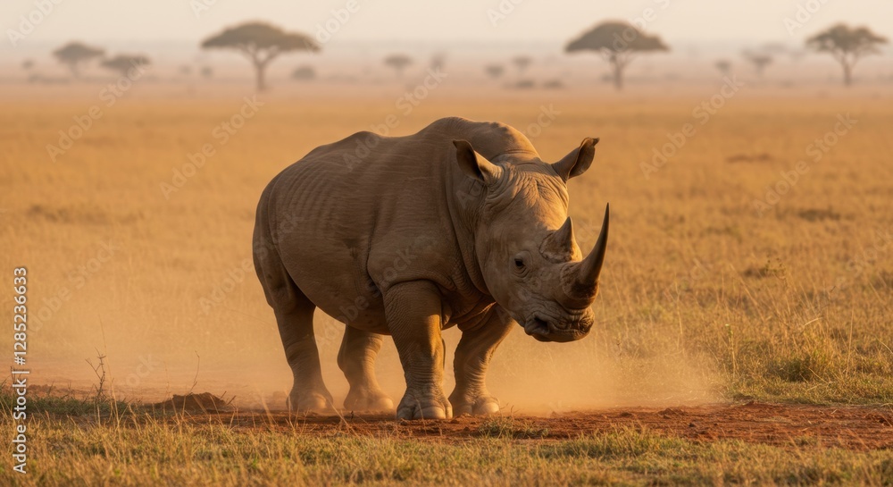 Fototapeta premium Rhino Walking Through Savannah at Sunrise Dust Cloud Natural Habitat