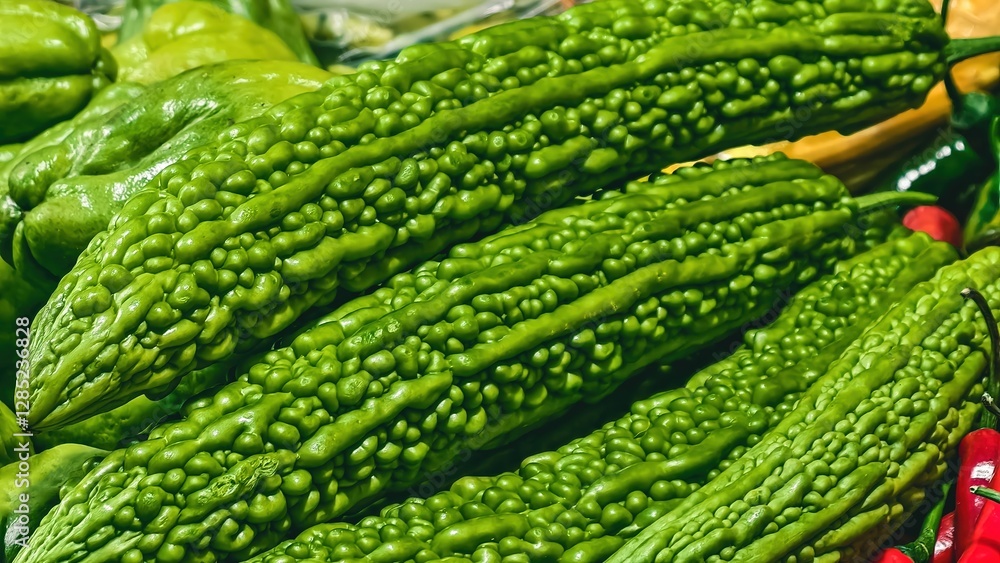 Close-up of fresh, bright green bitter gourds at farmers market display Close-up of fresh, bright green bitter gourds at farmers market display