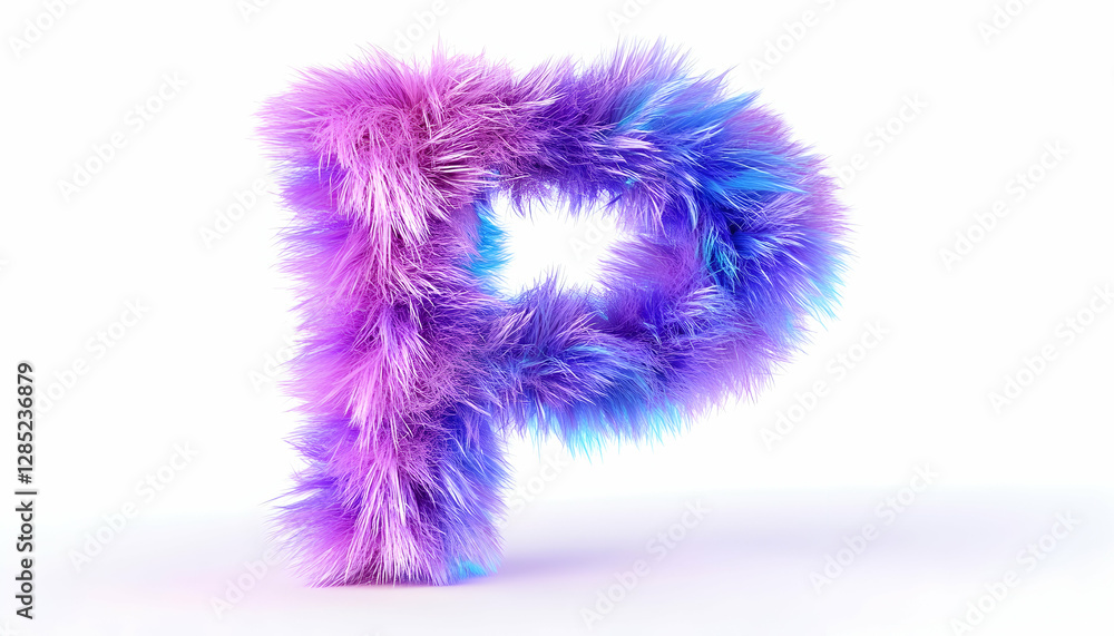 Fluffy purple-blue letter P, 3D render, white background, alphabet design Fluffy purple-blue letter P, 3D render, white background, alphabet design