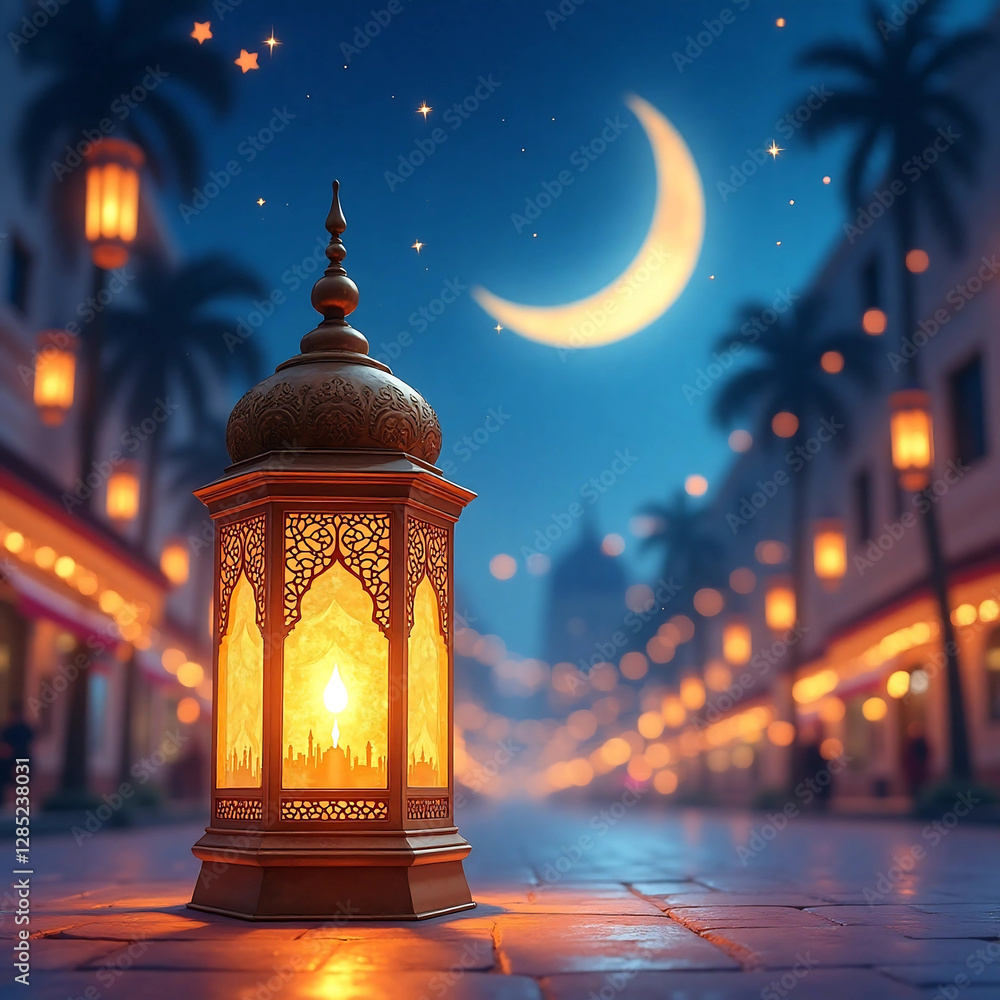 Ramadan Lantern and Crescent Moon in Festive Night Market Ramadan Lantern and Crescent Moon in Festive Night Market