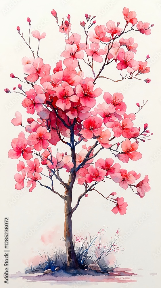 Fototapeta premium Watercolor painting of cherry blossoms blooming in spring