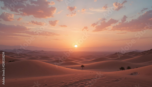 As sun emerges over horizon it illuminates desert landscape creating a picturesque scene with pink and golden hues in sky and a comforting radiance on sandy terrain