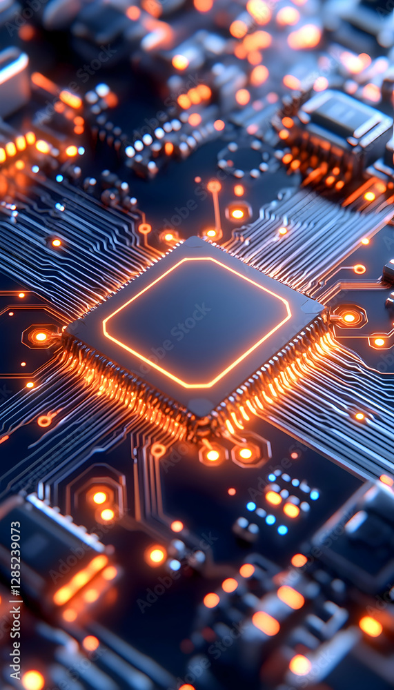 Obraz premium Glowing CPU on circuit board, technology background, digital future