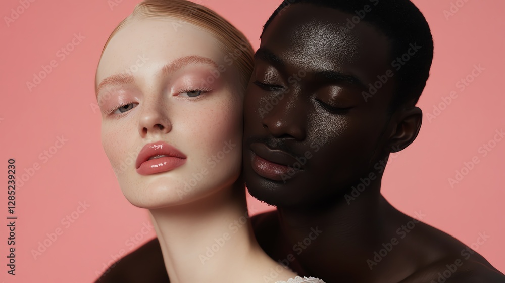 A woman with porcelain white skin and a man with rich ebony skin, both posing with pride and grace in a beauty campaign focused on inclusivity A woman with porcelain white skin and a man with rich ebony skin, both posing with pride and grace in a beauty campaign focused on inclusivity