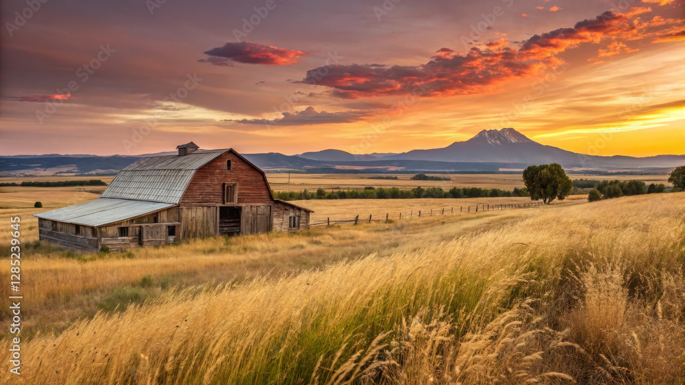 picturesque barn at sunset, surrounded by golden fields and mountains picturesque barn at sunset, surrounded by golden fields and mountains