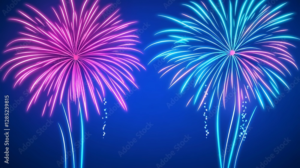 Neon Fireworks Display Against Dark Blue Sky Neon Fireworks Display Against Dark Blue Sky