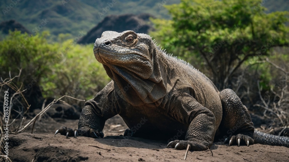 a Komodo dragon in its natural habitat, showcasing its detailed scales and fierce expression, generate AI a Komodo dragon in its natural habitat, showcasing its detailed scales and fierce expression, generate AI