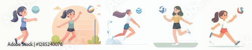 collection of vectors of girls playing volleyball