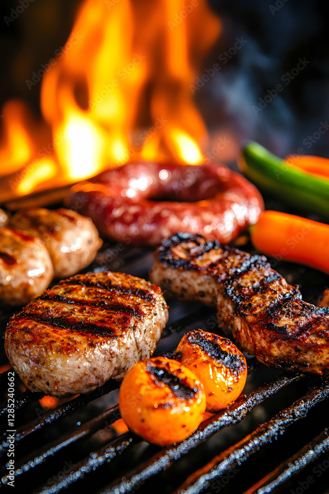 Grilled meats and vegetables on barbecue, flames in background, summer party food Grilled meats and vegetables on barbecue, flames in background, summer party food