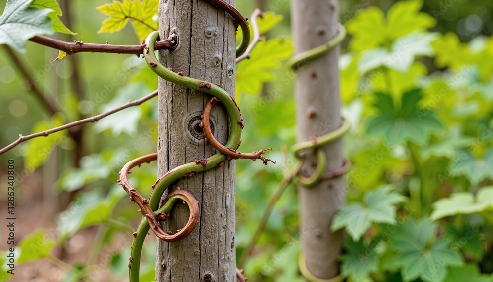 Grapevine wrapped around wooden post in lush garden, nature's growth