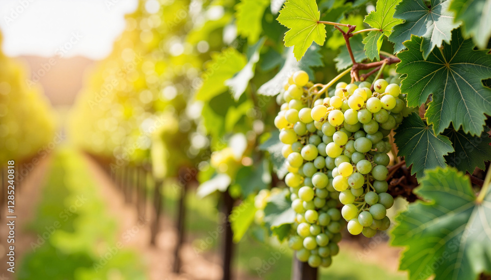 Fototapeta premium Ripening grapes glistening in sunlight, vineyard harvest season