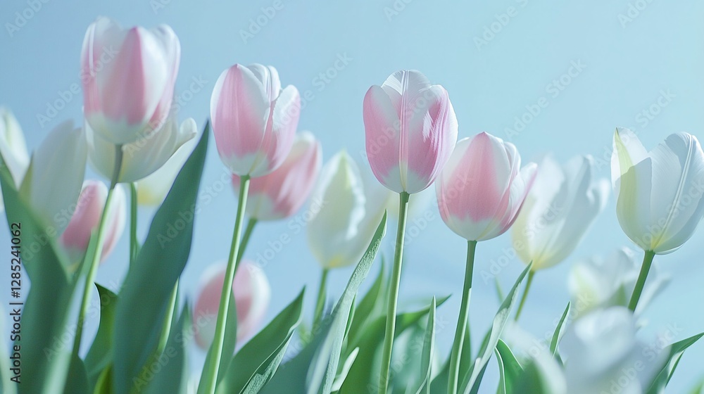 Fototapeta premium Elegant Pink and White Tulips on Soft Blue Background with Natural Light and Copy Space