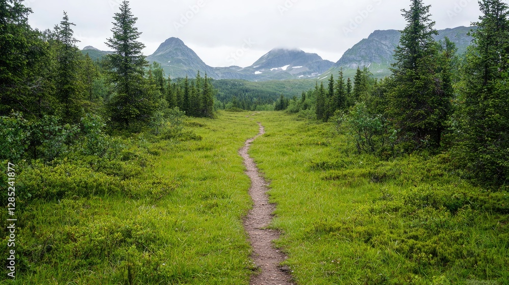 Fototapeta premium Mountain path through lush green forest. Possible hiking trail