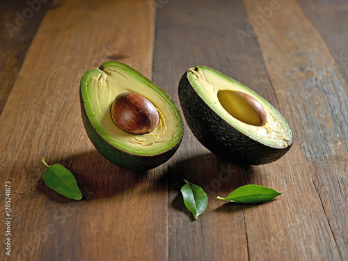 An overhead view of a fresh, halved avocado placed on a smooth, light wooden surface. photo