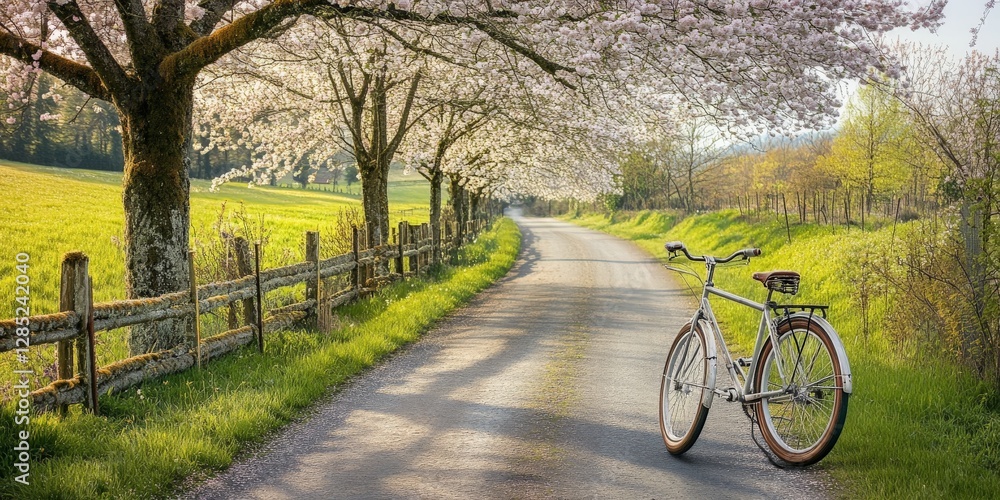 Obraz premium A scenic countryside road lined with blossoming trees and a vintage bicycle leaning against a fence,