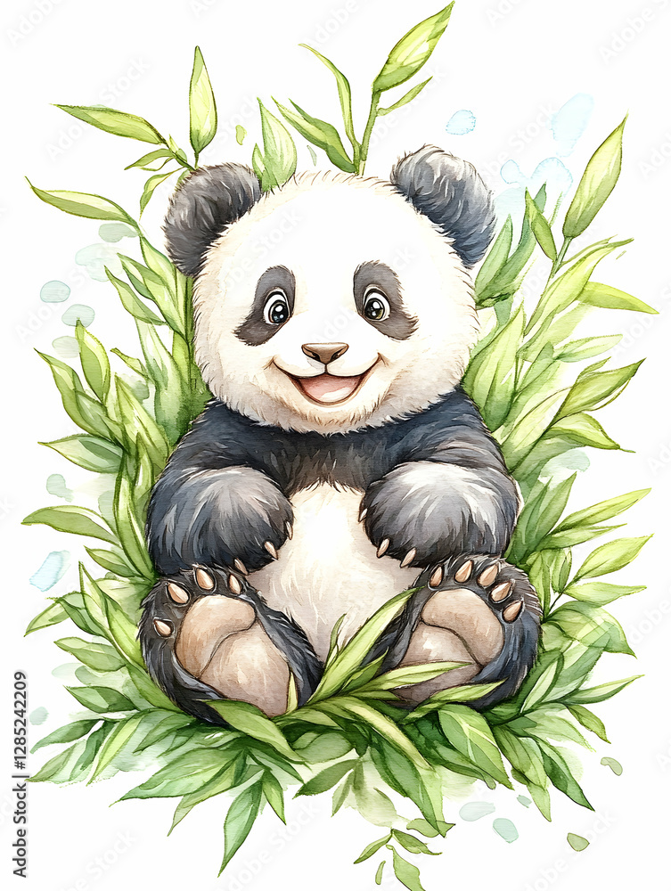 Happy panda cub in bamboo, nature background, children's book illustration Happy panda cub in bamboo, nature background, children's book illustration