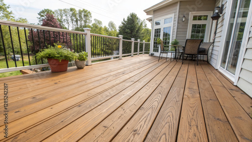 Spacious wooden deck with potted plants and scenic view