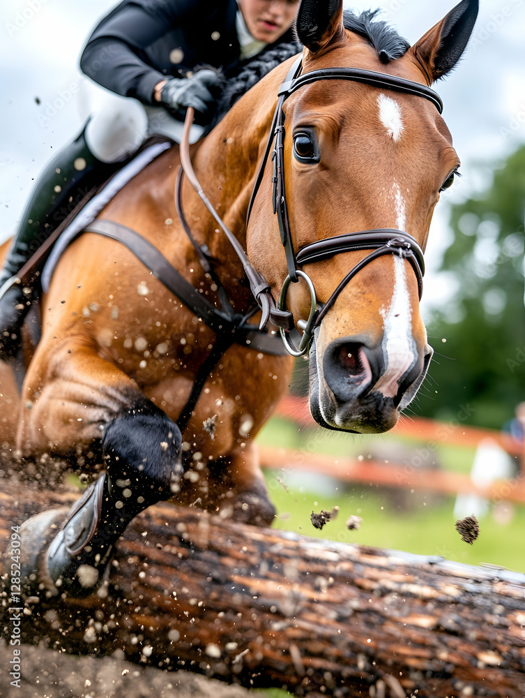 Obraz premium Horse jumping log, equestrian event, outdoor competition, blurred background