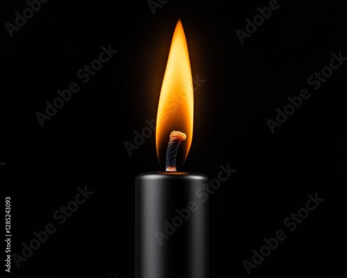 Black Candle Lit with a Bright Flame on a Dark Background for Comfort and Remembrance photo