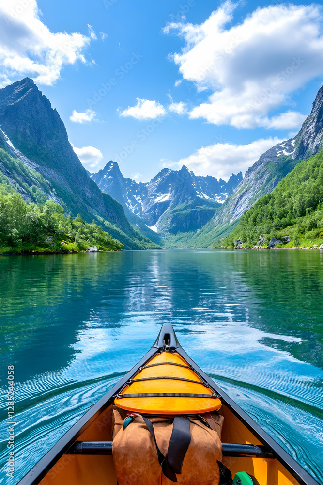Obraz premium Kayaking serene fjord, majestic mountains, summer
