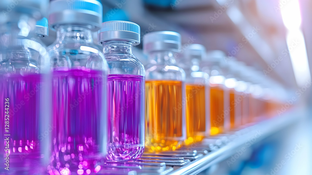 Lab vials, colored liquids, medical research, sterile environment, healthcare Lab vials, colored liquids, medical research, sterile environment, healthcare
