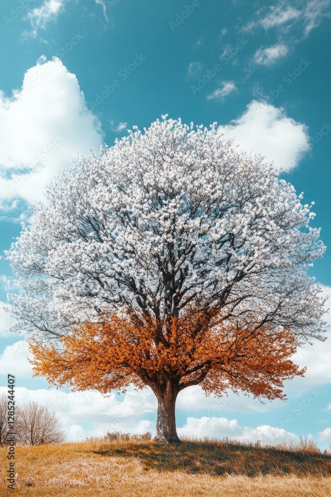 A tree photographed across the seasons, showing its bare branches in winter, blossoms in spring, lush green leaves in summer, and golden hues in autumn, A tree photographed across the seasons, showing its bare branches in winter, blossoms in spring, lush green leaves in summer, and golden hues in autumn,