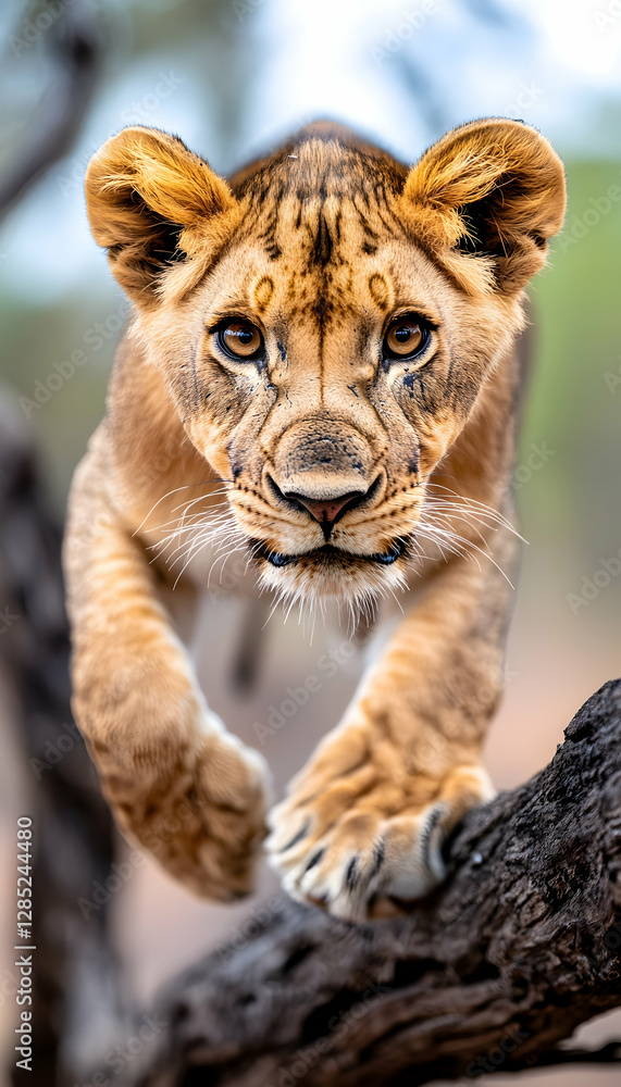 Obraz premium Lion cub leaping, savanna background, wildlife photography
