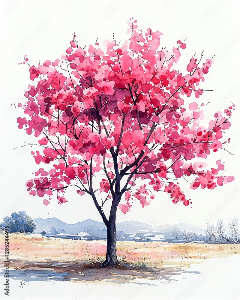 Obraz premium Watercolor painting of cherry blossoms blooming in spring
