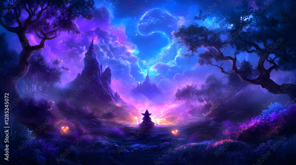 Fototapeta premium Magical forest landscape, mystical figure meditating, vibrant night sky, fantasy art, game design