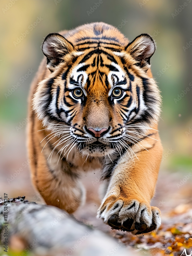 Naklejka premium Majestic tiger approaching, autumn forest, wildlife