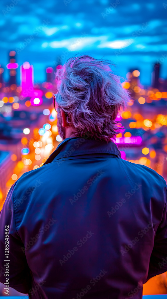 Obraz premium Man overlooking city night lights, urban scene, rooftop view, travel photography