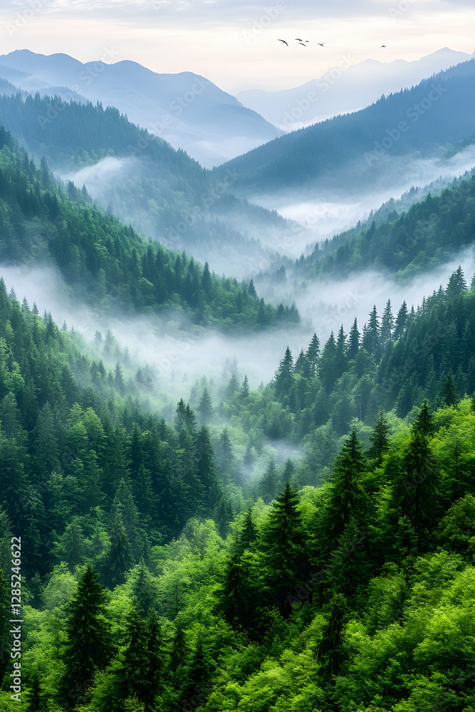 Fototapeta premium Misty mountain valley sunrise, green forest, birds flying. Nature wallpaper