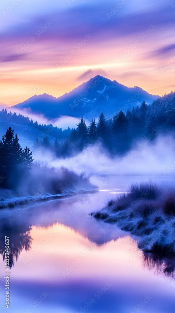 Obraz premium Misty sunrise mountain river reflection landscape, nature travel