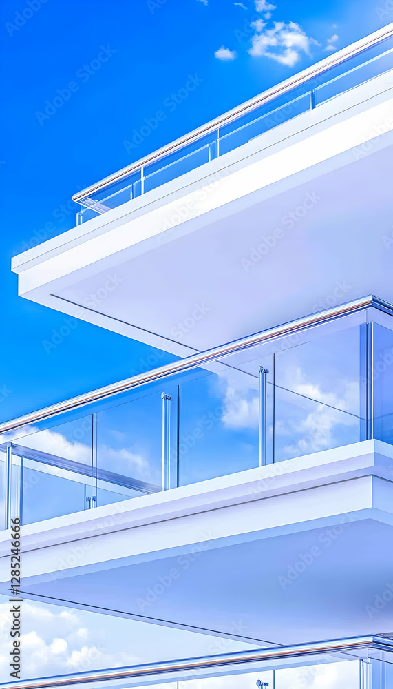 Fototapeta premium Modern building balconies, clear sky, clouds, architectural design, real estate
