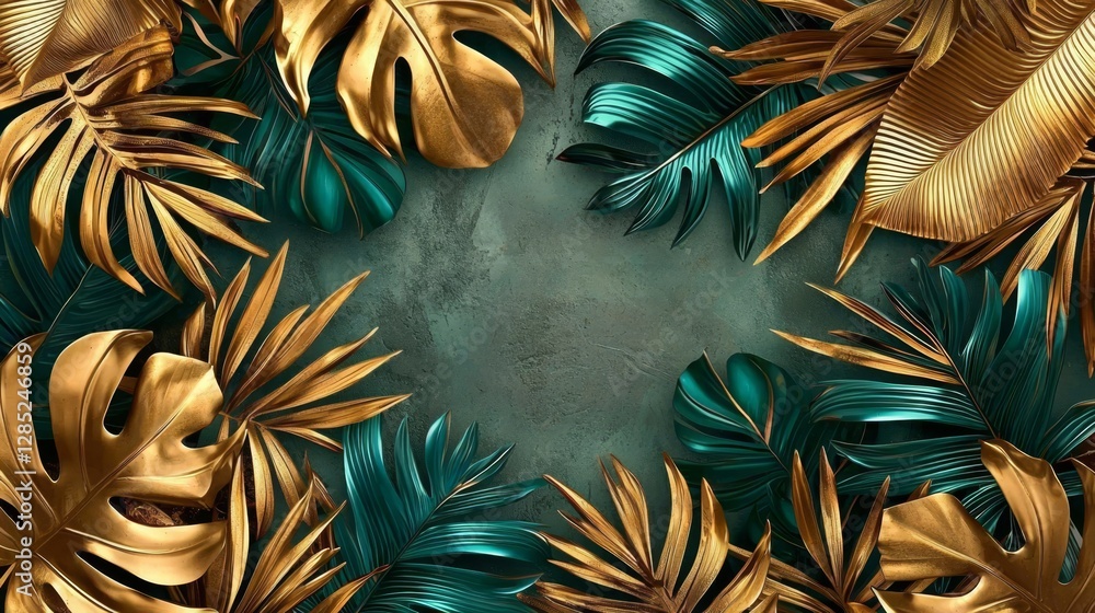 Lush tropical leaves set against a rustic concrete wall. Lush tropical leaves set against a rustic concrete wall.