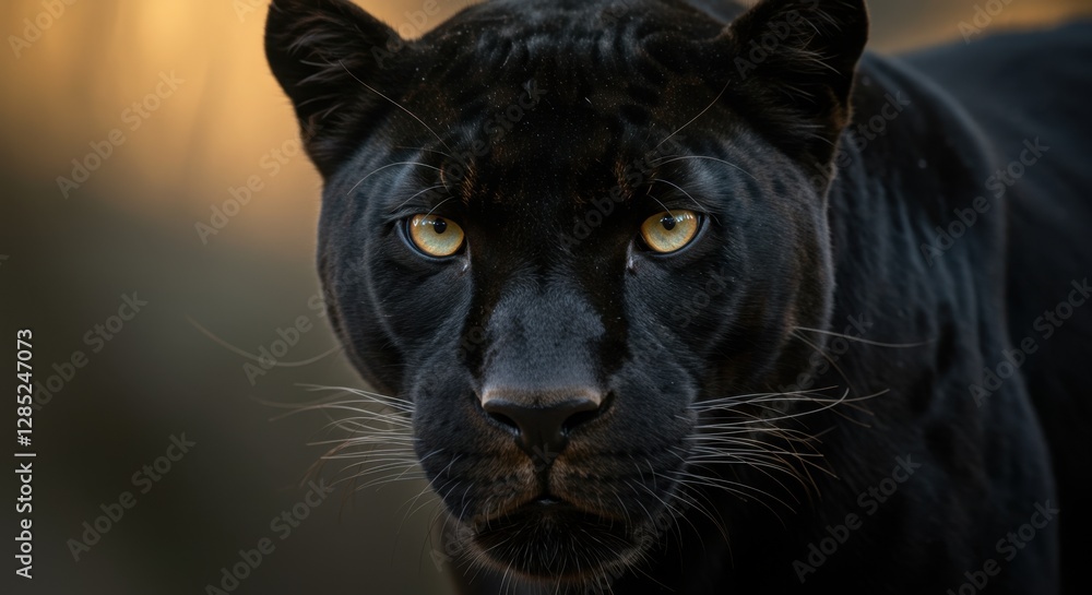 Black Panther Close Up Portrait with Intense Yellow Eyes Staring Forward Black Panther Close Up Portrait with Intense Yellow Eyes Staring Forward