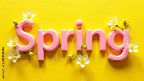 pink 3d typography spelling spring with delicate white flowers and green stems on a vibrant yellow background, concept of seasonal promotions, floristry, creative marketing
