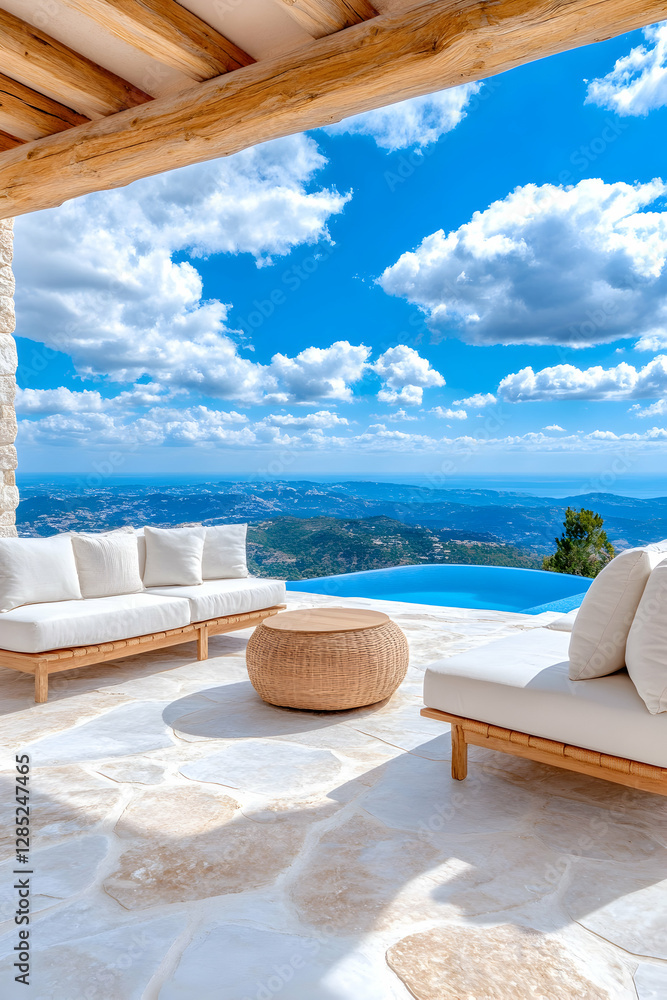 Obraz premium Mountain villa patio, infinity pool, relaxing view