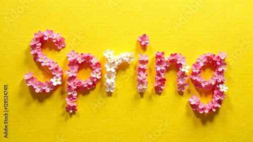 pink floral typography forming the word spring, decorated with delicate blossoms on a bright yellow background, concept of seasonal celebration, floral branding, creative advertising