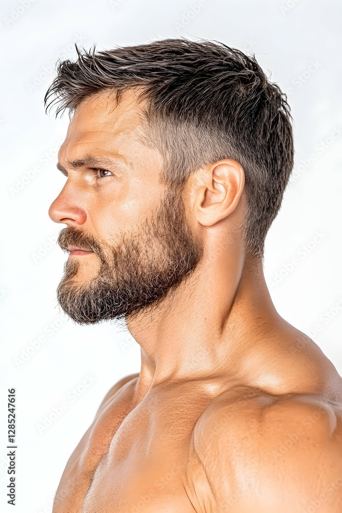 Obraz premium Muscular man profile, studio shot, white background, healthy lifestyle
