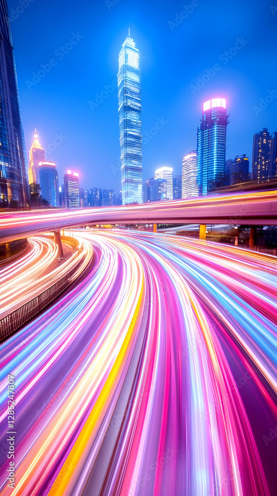 Fototapeta premium Night city highway, light trails, skyscrapers, urban scene, travel