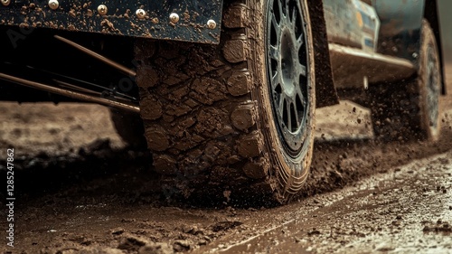 A detailed close-up shot of a car tire navigating through muddy terrain, showcasing the impressive grip and rugged texture of the tire as it skids through the dirt.