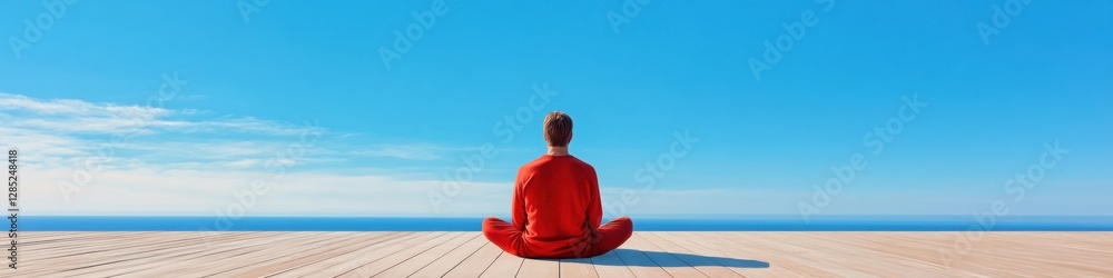 Fototapeta premium Serene Oceanfront Meditation Cross-Legged Mindfulness on Wooden Deck - Visualizing Inner Peace for Wellness Campaigns and Lifestyle Content Creation